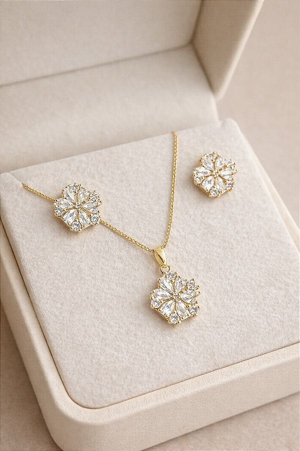 Conjunto zirconia banho ouro 18k