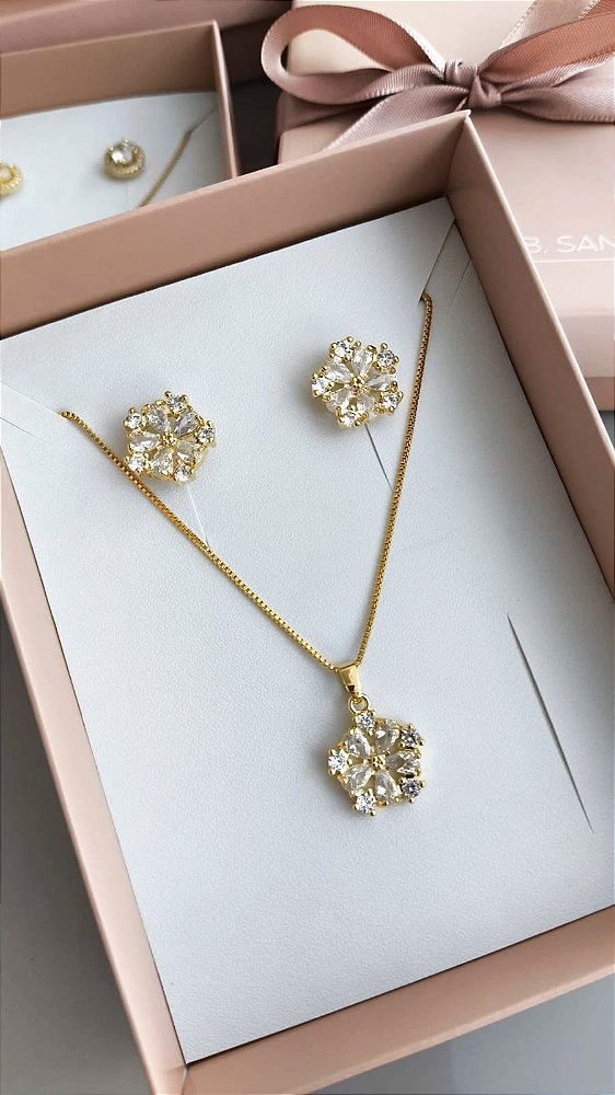 Conjunto zirconia banho ouro 18k