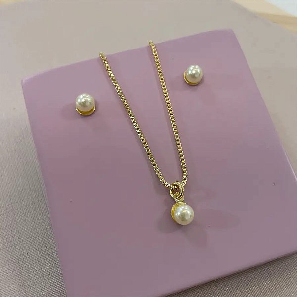 Conjunto brinco e colar infantil perola shell