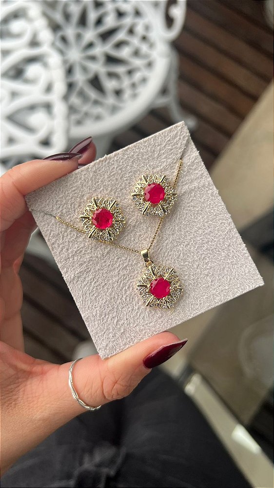 Conjunto zirconia banho ouro 18k