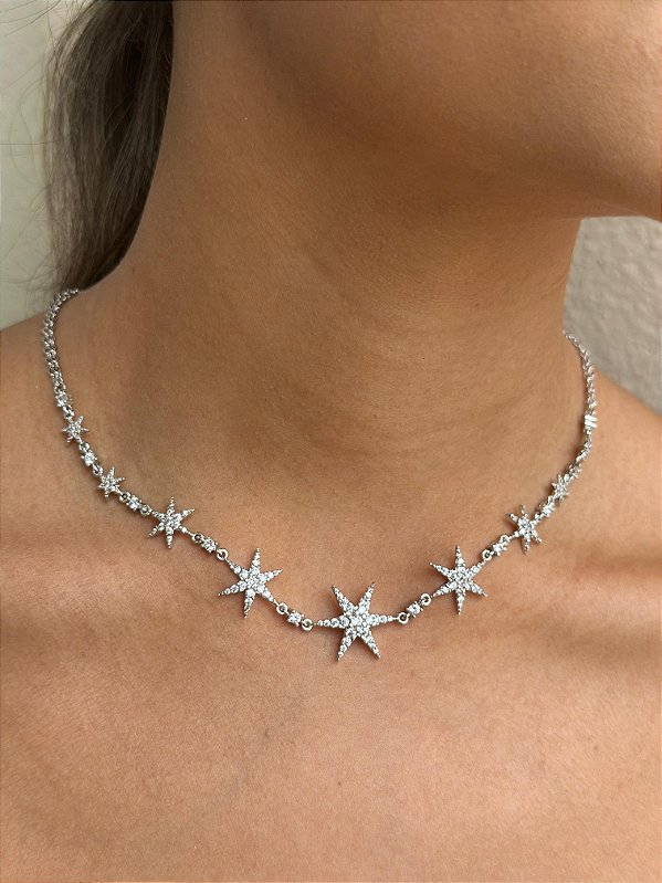 Colar choker estrela banho de rodio branco