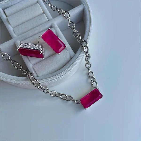 Conjunto brinco e colar pedra fusion rosa banho rodio branco