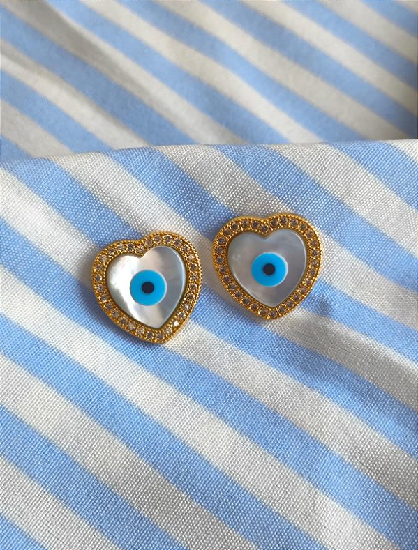 Brinco coração olho grego banho ouro 18k