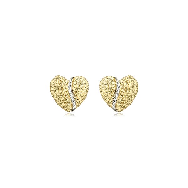 Brinco de coração martelado cravejado de zirconia cristal banho em ouro 18k
