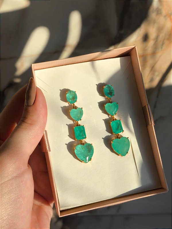 Brinco longo pedra fusion turmalina paraiba banhado a ouro 18k