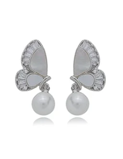 Brinco borboleta perola banho rodio branco