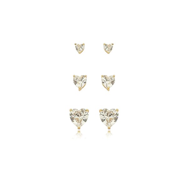 Brinco de trio de coração com zirconia cristal banho em ouro 18k