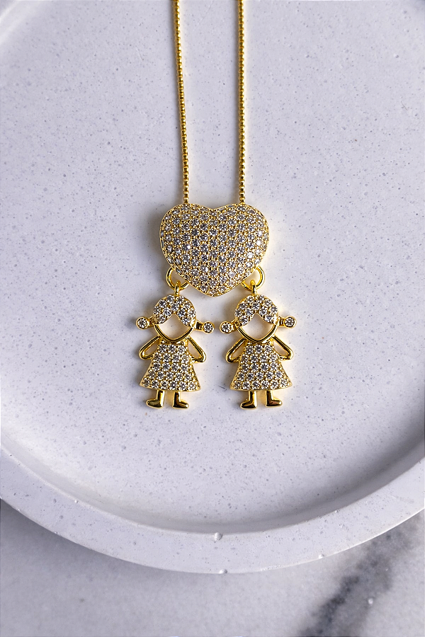 Colar duas meninas cravejado com zirconia banhado a ouro 18k