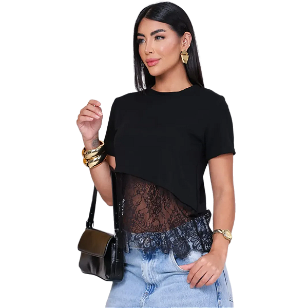 Camiseta Cropped c/ Renda