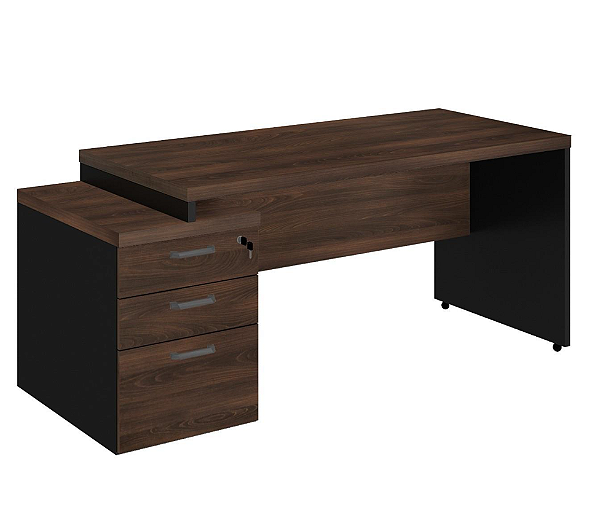 MESA PEDESTAL RETA COM 03 GAVETAS - COR NOGAL / PRETO