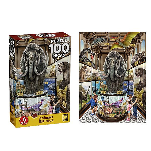 Quebra Cabeça 100 Peças Animais Extintos - Puzzle 100 Pçs