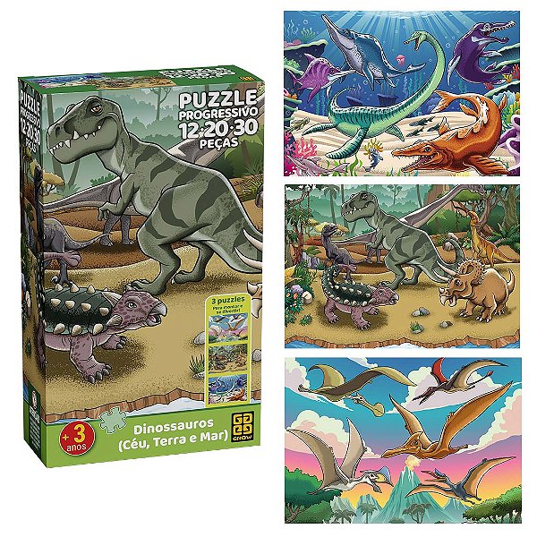 Quebra Cabeça Progressivo Dinossauros Céu Terra e Mar 12, 20 e 30 Peças