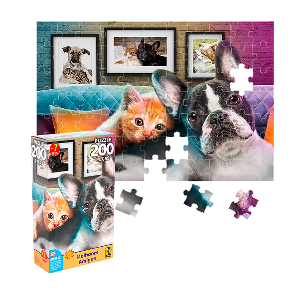 Quebra-Cabeça Grow 200 Peças Melhores Amigos Cachorro Gato Infantil +7 Anos