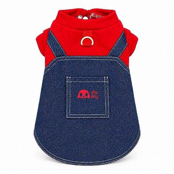 Jardineira Jeans com camiseta Vermelha