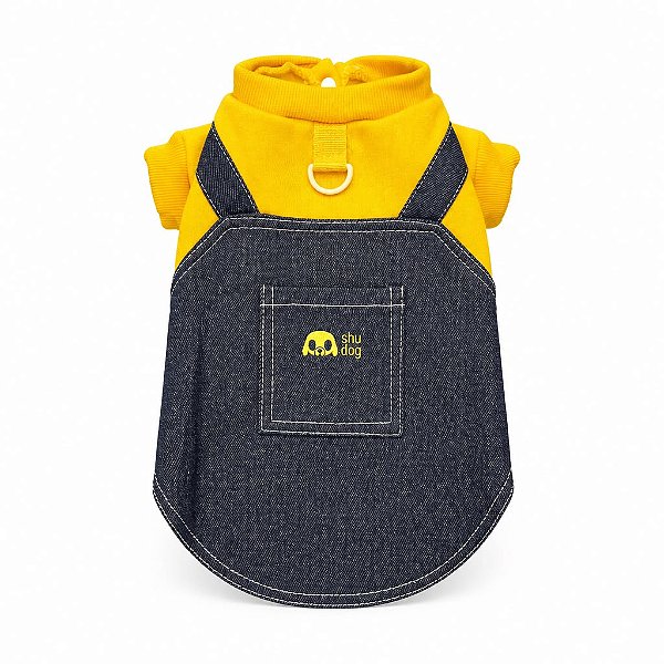 Jardineira Jeans com camiseta Amarela