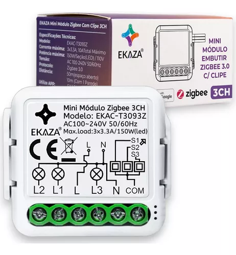 EKAZA Interruptor Mini Módulo Embutido Wi-Fi, 3 Canais – EKAC-T3093WB