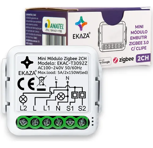EKAZA Interruptor Mini Módulo Embutido Wi-Fi, 2 Canais – EKAC-T3092WB