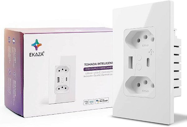 EKAZA TOMADA DUPLA INTELIGENTE SMART COM CONEXAO WIFI E USB, BRANCO 1A+1C T217-WB