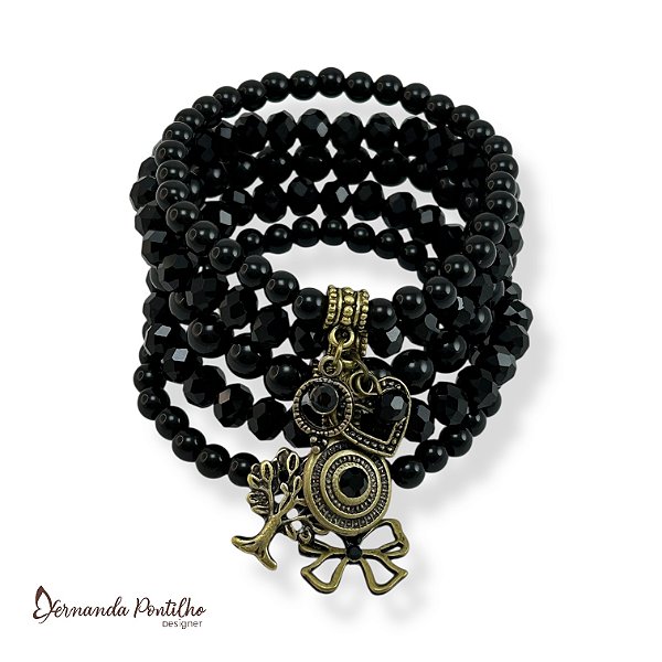 KIT 5 PULSEIRAS DE BOLAS CRISTAIS E BERLOQUES PRETO 11625