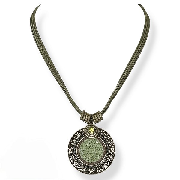 Colar curto c/ cordão, mandala c/ cascalho e pto de luz - verde oliva 11880