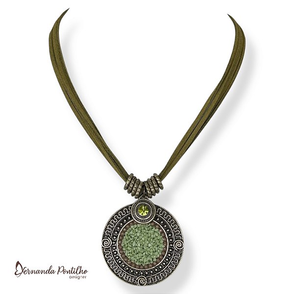 COLAR CURTO CORDÃO E MANDALA CASCALHO VERDE MILITAR 11880