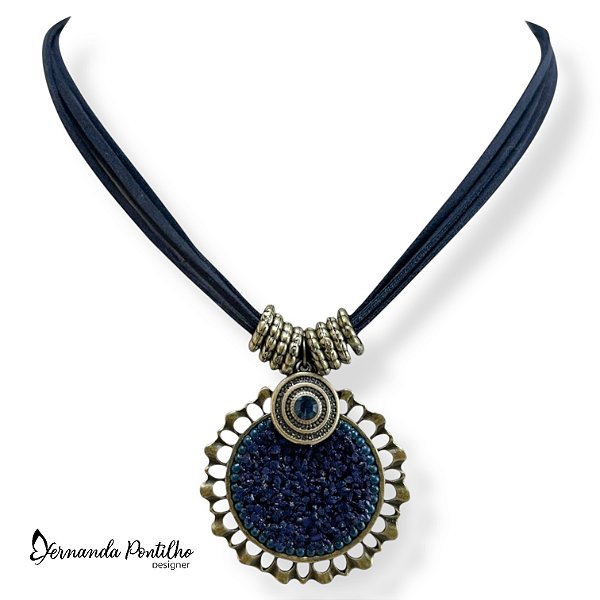 COLAR CURTO CORDÕES E MANDALA CASCALHO AZUL MARINHO 11989