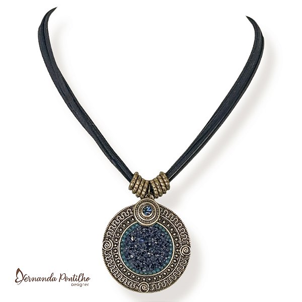 COLAR CURTO CORDÕES E MANDALA CASCALHO AZUL MARINHO 11989