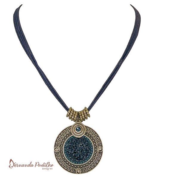 Colar curto c/ cordão, mandala c/ cascalho e pto de luz - azul marinho 11989