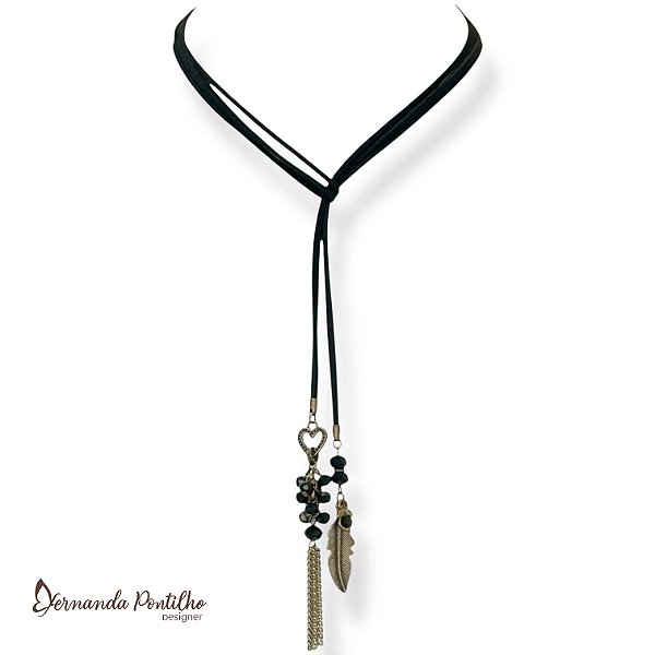 COLAR DE AMARRAÇÃO CODÃO, CRISTAIS E BERLOQUES PRETO 12045