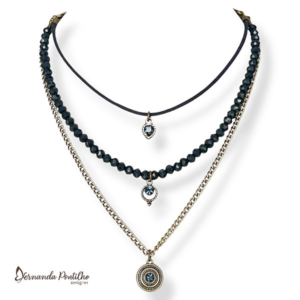 COLAR CURTO 3 VOLTAS CRISTAIS BERLOQUES AZUL MARINHO 12064