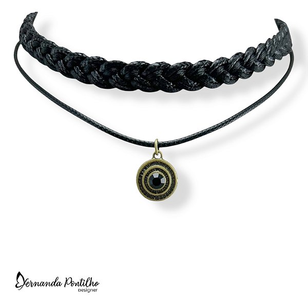 CHOCKER 2 VOLTAS TRANÇA E MANDALINHA C/ STRASS PRETO 12215