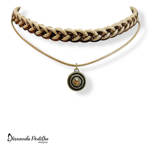 CHOCKER 2 VOLTAS TRANÇA E MANDALINHA C/ STRASS BEGE DOURADO 12214