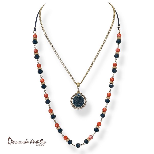 Colar médio 2 voltas c/ cristais, contas e mandala c/ cascalho e pto de luz - marinho, bege e terracota 11884