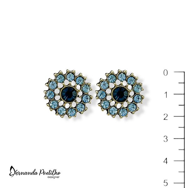 BRINCO FLOR C/ STRASS AZUL MARINHO E AQUAMARINE 12382