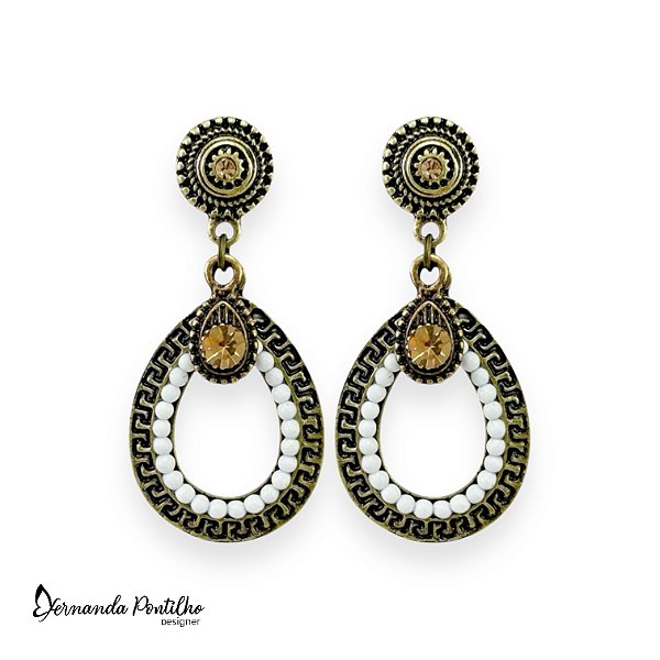 Brinco gota e pto de luz - branco e dourado 12406