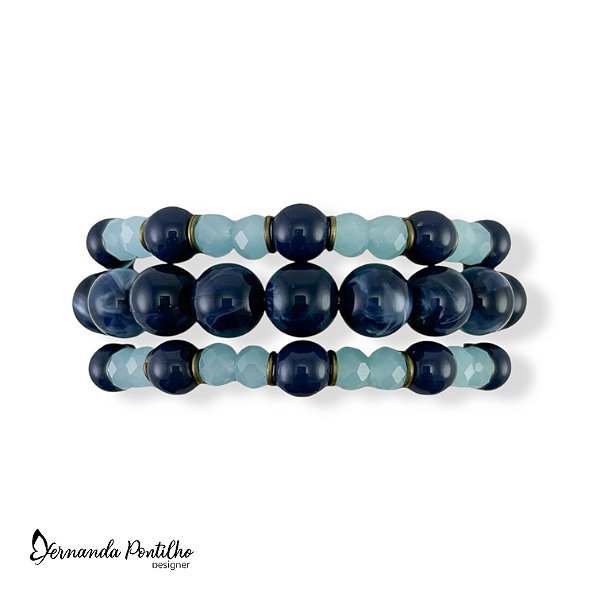 KIT C/ 3 PULSEIRAS DE CRISTAIS E BOLAS AZUL MARINHO E AQUAMARINE 12500