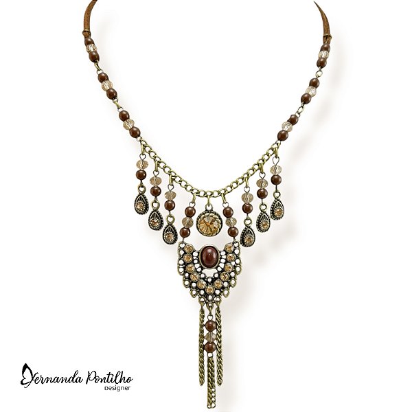 MÁXI COLAR CRISTAIS, GOTINHAS DE STRASS E PING. METAL - MARROM E DOURADO 12521