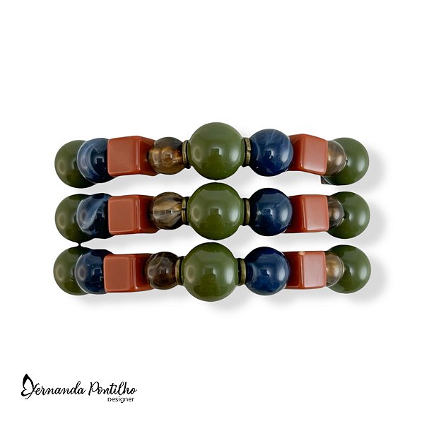 KIT C/ 3 PULSEIRAS DE BOLAS E QUADRADINHOS DE RESINA - COLORIDO INVERNO 12526