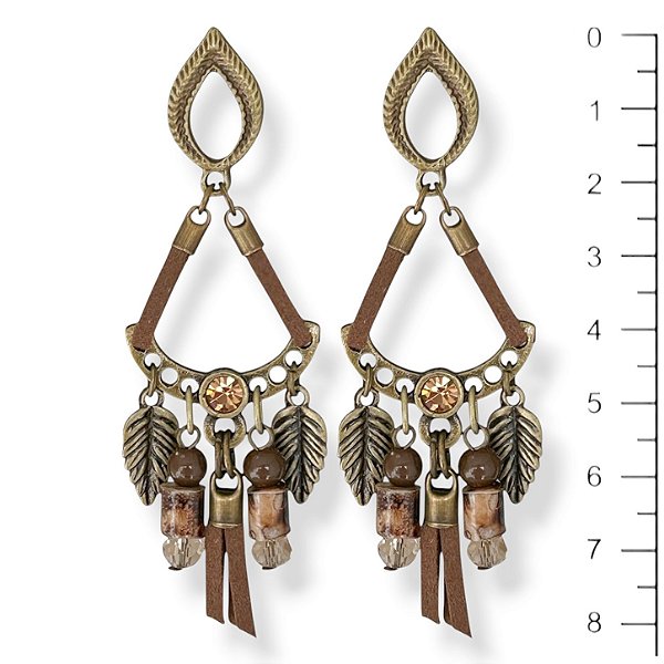 Brinco arco c/ cordão, contas e folhinhas - marrom 12511