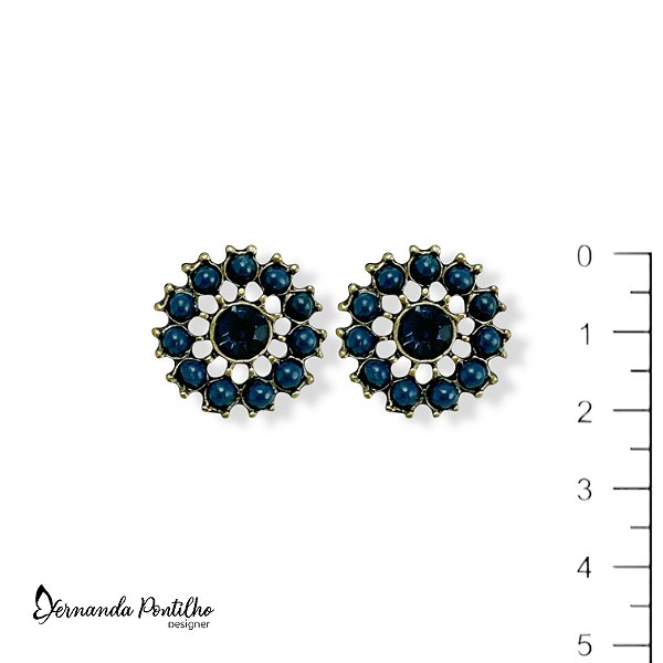 BRINCO FLOR C/ BOLINHAS E STRASS AZUL MARINHO 12547
