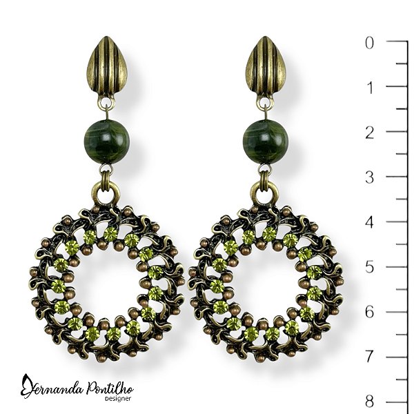 BRINCO BOLA MESCLADA E MANDALA C/ STRASS - VERDE OLIVA 12538