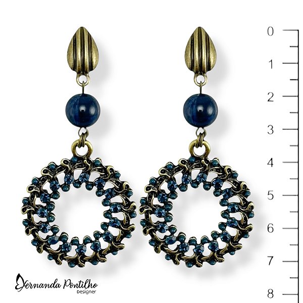BRINCO BOLA MESCLADA E MANDALA C/ STRASS - AZUL MARINHO 12537