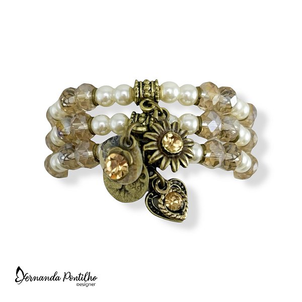 KIT C/ 3 PULSEIRAS DE PÉROLAS, CRISTAIS E BERLOQUES DOURADOS 12569