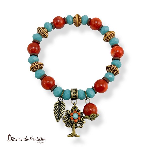PULSEIRA C/ BOLAS, CRISTAIS, DISCOS E BERLOQUES - CORAL E TURQUESA 12583