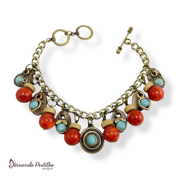 PULSEIRA C/ BOLAS, BERLOQUES E PTOS DE LUZ - CORAL E TURQUESA 12584