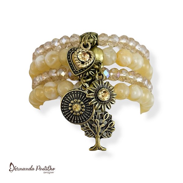 KIT C/ 4 PULSEIRAS DE CRISTAIS, BOLAS MESCLADAS E BERLOQUES C/ STRASS - BEGE E DOURADO 12588