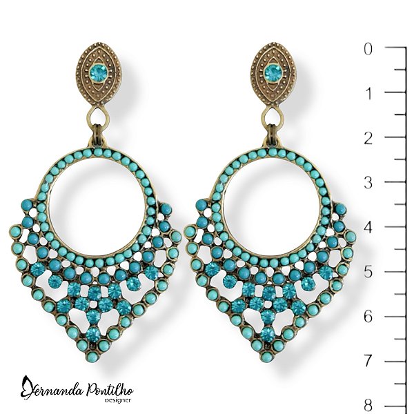 BRINCO ARGOLA V CUSTOMIZADO C/ BOLINHAS E STRASS TURQUESA 12598