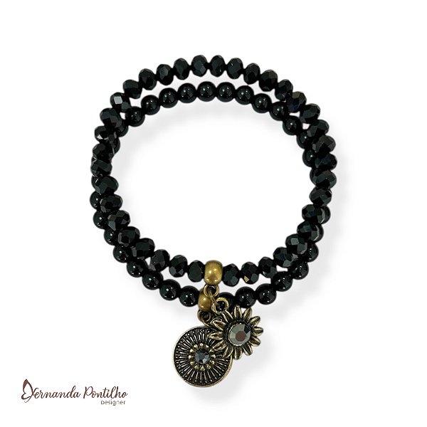 KIT C/ 2 PULSEIRAS DE CRISTAIS, BOLAS E BERLOQUES C/ STRASS PRETO 12602