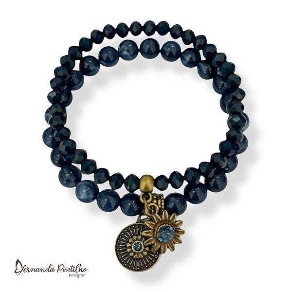 KIT C/ 2 PULSEIRAS DE CRISTAIS, BOLAS E BERLOQUES C/ STRASS AZUL MARINHO 12603