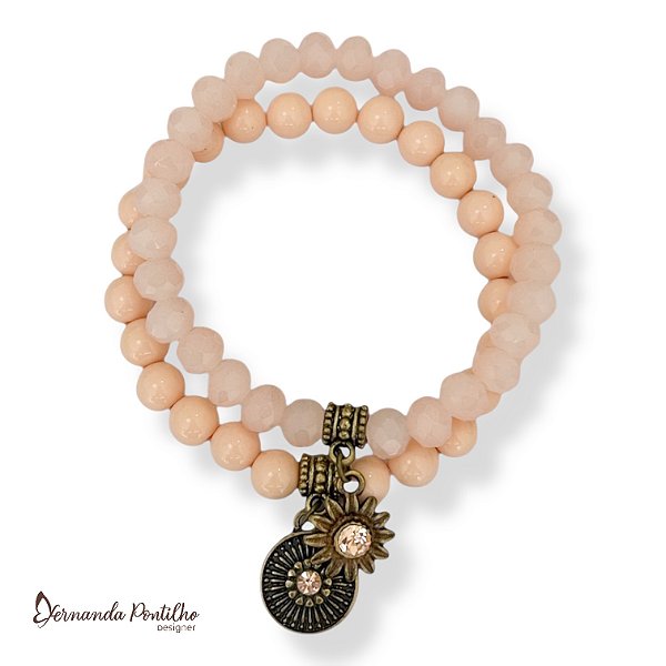 KIT C/ 2 PULSEIRAS DE CRISTAIS, BOLAS E BERLOQUES C/ STRASS SALMÃO 12604